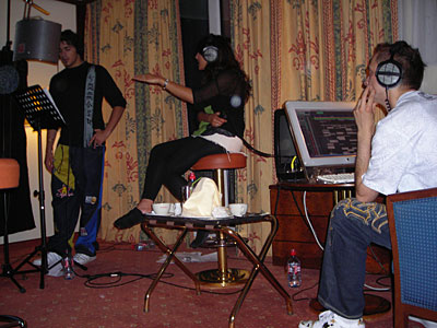 Recording the Popstars On Stage "Allstars"-Album: Popstars Finalist Fabrizio, Vocalcoach Becca Hossany and Marc Mozart (from left to right)